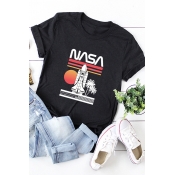 Womens Fashion Palm Rocket Striped Letter Nasa Printed Round Neck Roll Up Short Sleeve Regular Fitted Graphic T-Shirt