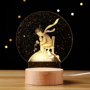 Little Prince 3D Optical Night Lamp Kids Acrylic Child Bedside USB Charging LED Table Light with Wood Base