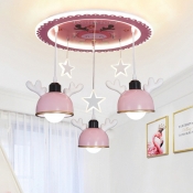 Suspended Bowl and Star LED Ceiling Light Kid Acrylic 3-Head Children Bedroom Flush Mount in Pink/Blue with Antler Decor