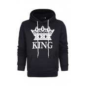 Queen King Crown Letter Print Stripe Long Sleeve Loose Casual Black Hoodie for Couple