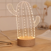 Acrylic 3D Cactus Table Light Cartoon Clear USB Chargeable LED Night Lamp with Rounded Wood Pedestal