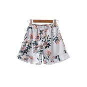 Womens Shorts Chic Flower Leaf Pattern Ruffle Hem Loose Fitted Elastic Waist Relaxed Shorts