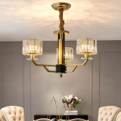 Gold Cylinder Chandelier Lamp Postmodern 3/6-Light Prismatic Crystal Ceiling Pendant for Hotel