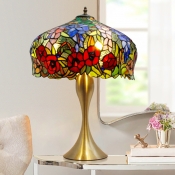 Urn Night Lamp Mediterranean Hand Cut Glass 1 Bulb Brass Finish Pull Chain Table Lighting with Floral Pattern