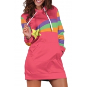 Womens Fashion Star Rainbow Stripe Color Block Drawstring Kangaroo Pocket Long Sleeve Regular Fit Tunic Hooded Sweatshirt