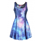 Fashion 3D Blue Galaxy Pattern Reversible Scoop Neck Mini A-Line Tank Dress for Women