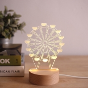 Small 3D Ferris Wheel Table Lamp Kids Portable Acrylic Clear LED Night Stand Lighting with Wood Base