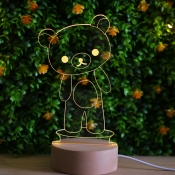 Kids Cute Bear 3D Optical Night Light Acrylic Bedside LED Nightstand Lamp in Wood