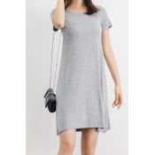 Leisure Round Neck Short Sleeve Plain Mini Asymmetric Dress