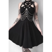 Dark Girls Solid Color Crisscross Hollow Out Sleeveless Choker Chain Embellished Short A-line Dress