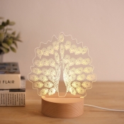 Kids Round Wood Nightstand Light USB Charging LED Table Lamp with 3D Peacock Pattern