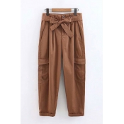 Novelty Womens Pants Solid Color Belted Bow Detail Pleated Cuffed Zipper Fly Ankle Length Loose Fit Tapered Relaxed Pants
