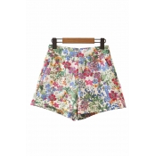 Womens Shorts Stylish Colorful Flower Leaf Painting Wide Leg Loose Fitted Shorts