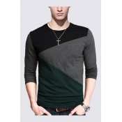 Mens T-Shirt Trendy Diagonal Block Cut-and-Sew V Neck Long Sleeve Slim Fitted T-Shirt