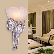 Rustic Bowl Wall Light Fixture 1 Light White Glass Wall Sconce Lighting with Elephant Decor in Silver