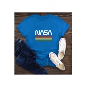 Chic Rainbow Striped Letter Nasa Print Round Neck Roll Up Short Sleeve Regular Fit T-Shirt for Women