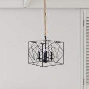 Rectangle Frame Metal Pendant Lamp Warehouse 4-Light Dining Room Hanging Chandelier in Black