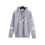 Chic Glasses Striped Print Drawstring Long Sleeve Relaxed Fit Hooded Sweatshirt