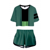 Fashionable Ladies Cosplay Costume Anime Printed Color Block Short Sleeve Round Neck Loose Fit Crop T-Shirt & Elastic Waist Shorts Set