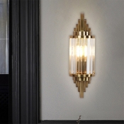Half Cylinder Sconce Light Fixture Retro Crystal Prisms 1 Bulb Bedside Wall Mount Light in Brass