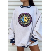 Womens Chic Pullover Sweatshirt Contrast Trim Claw Moon Sun Skeleton Letter Pattern Tunic Round Neck Long Sleeve Loose Fit Pullover Sweatshirt
