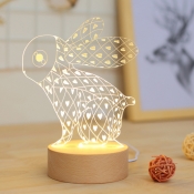 Clear 3D Rabbit Table Light Cartoon Acrylic LED Night Lamp with Wood Pedestal for Child Bedside