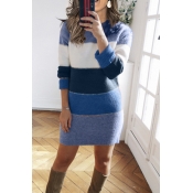 Womens Trendy Colorblock Long Sleeve Crew Neck Knitted Mini Shift Sweater Dress
