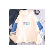 Basic Ladies Colorblock Letter Printed Drawstring Long Sleeve Pullover Relaxed Fitted Hooded Sweatshirt