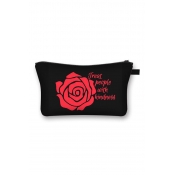 Fancy Letter Treat People With Kindness Rose Graphic Black Cosmetic Bag