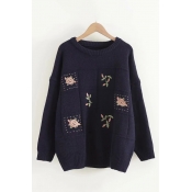 Popular Womens Sweater Flower Embroidery Long Sleeve Loose Fitted Round Neck Pullover Sweater