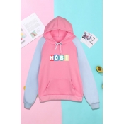 Fashionable Letter Printed Long Sleeve Drawstring Pocket Pullover Raglan Regular Fitted Hoodie for Women