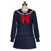Preppy Looks Girls Long Sleeve Sailor Collar Bow Tie Front Panel Relaxed Tee & Short Pleated A-Line Skirt in Blue