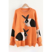 Vintage Womens Sweater Rabbit Pattern Long Sleeve Round Neck Oversize Sweater