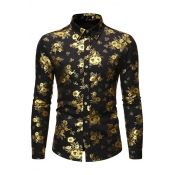 Mens Shirt Creative Floral Gilding Button up Point Collar Long Sleeve Slim Fitted Shirt