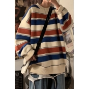 Basic Mens Sweater Color Block Stripe Pattern Long Sleeve Drop Shoulder Rib Trim Relaxed Fit Crew Neck Sweater