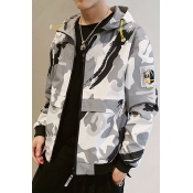 Mens New Fashion Camo Printed Loose Leisure Zip Up Hooded Sport Jacket