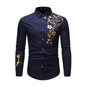Mens Shirt Chic Floral Vine Print Button-down Curved Hem Long Sleeve Point Collar Slim Fitted Shirt