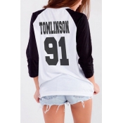Trendy T-Shirt Color Block Number 91 Letter Tomlinson Printed Crew Neck Long Sleeves Regular Fitted Tee Top