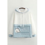 Womens Hooded Sweatshirt Trendy Contrast Cartoon Dog Letter Lovely Embroidered Drawstring Loose Fit Long Sleeve Hooded Sweatshirt