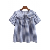 Creative Womens Shirt Solid Color Stringy Selvedge Short Sleeve Peter Pan Collar Loose Fit Shirt