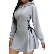 Vintage Womens Dress Plain Side Lace-up Embellished Drawstring Hooded Long Sleeve Slim Fitted Mini A-Line Dress