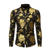 Cool Mens Shirt Rose Gilding Point Collar Button-down Slim Fitted Long Sleeve Shirt