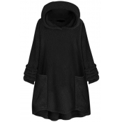 Casual Warm Bell Sleeve Patch Pockets Fuzzy Oversize Plain Hoodie for Women