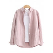 Classic Womens Shirt Vertical Pinstripe Pattern Spread Collar Button Detail Loose Fit Long Sleeve Shirt
