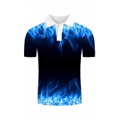 Guys Hot Fashion 3D Fire Pattern Short Sleeve Lapel Collar Black Polo Shirt
