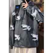 Mens Sweatshirt Unique Shark Print Ribbed Hem Drawstring Loose Fit Long Sleeve Hooded Sweatshirt