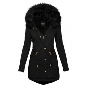 Casual Warm Black Long Sleeve Hooded Zip Buckle Detail Drawstring Slim Fit Long Puffer Coat for Female