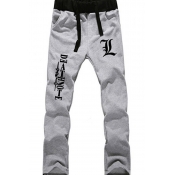 Mens Pants Trendy Contrast-Waistband Anime Death Note Letter Print Drawstring Waist Cuffed Ankle Length Slim Fit Tapered Jogger Pants
