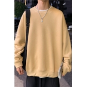 Vintage Mens Sweatshirt Solid Color Non-Ironing Round Neck Long Sleeve Loose Fit Pullover Sweatshirt
