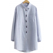 Womens Shirt Stylish Pinstripe Pattern Cat Embroidered Spread Collar Button Detail Loose Fit Long Sleeve Tunic Shirt